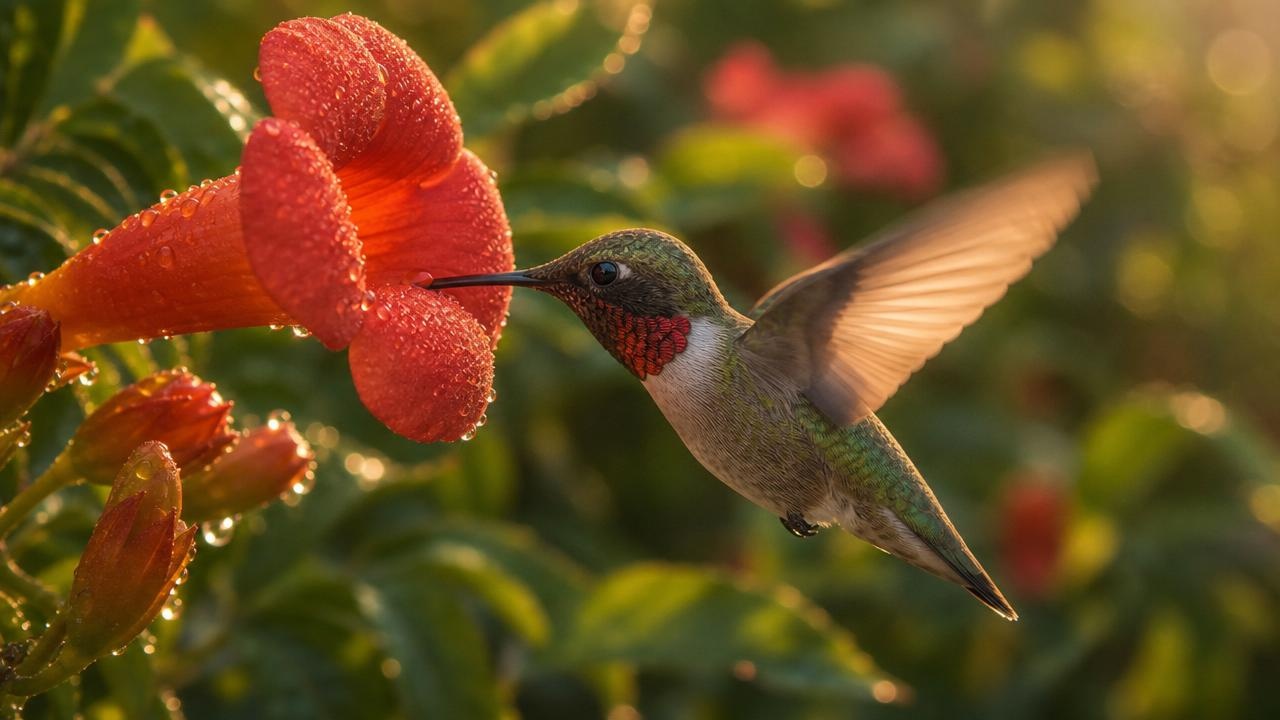 Hummingbird hovering at red flowers