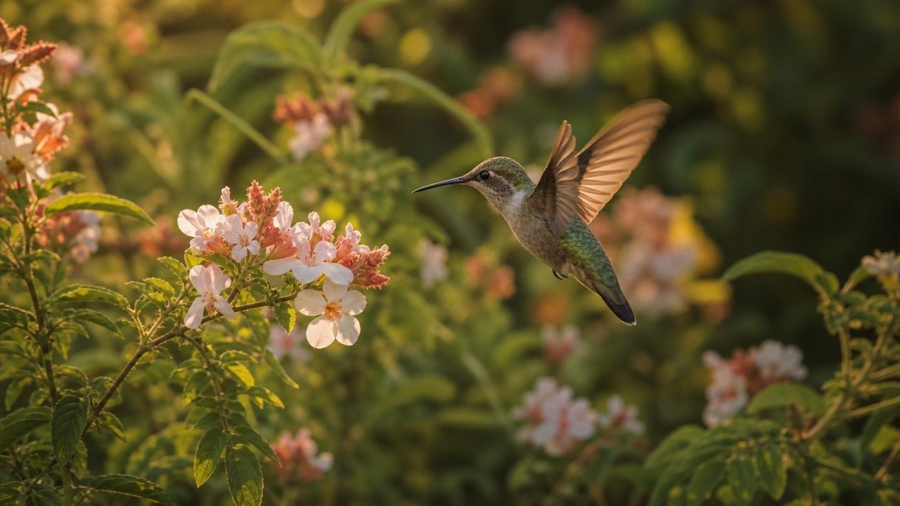 Hummingbird hovering near delicate pink and white flowers